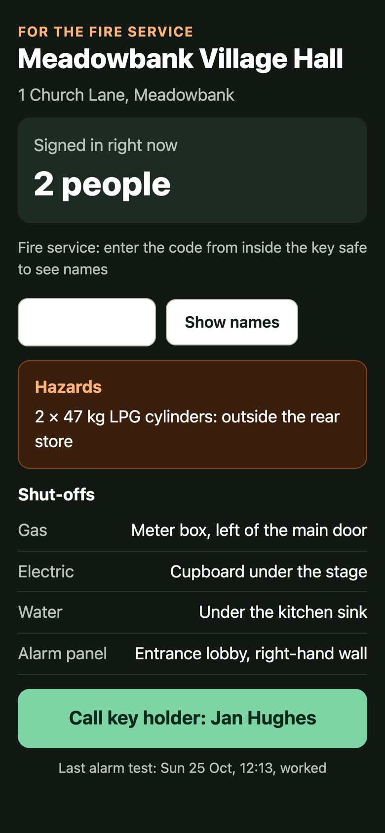 The fire service page showing people inside, hazards and shut-offs