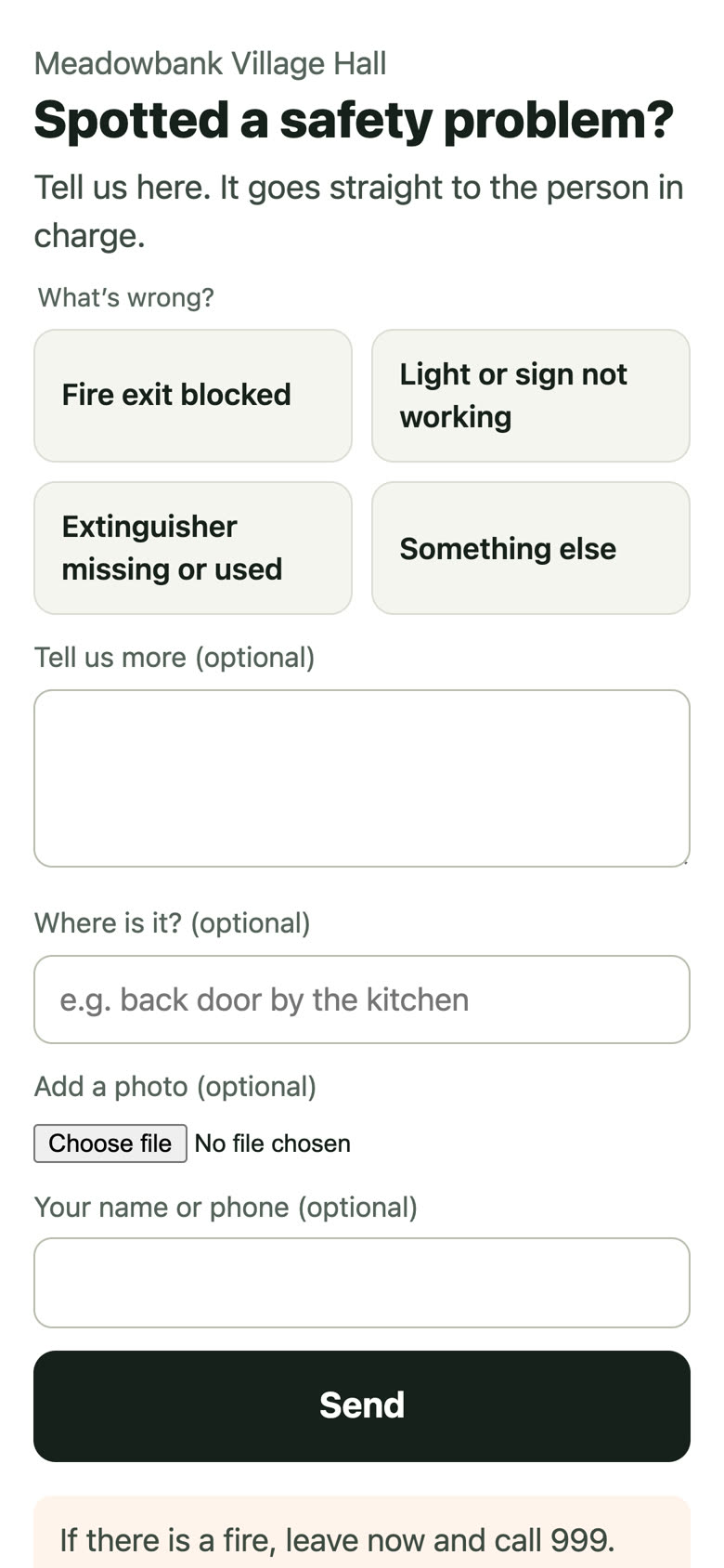 The report a problem page with large buttons