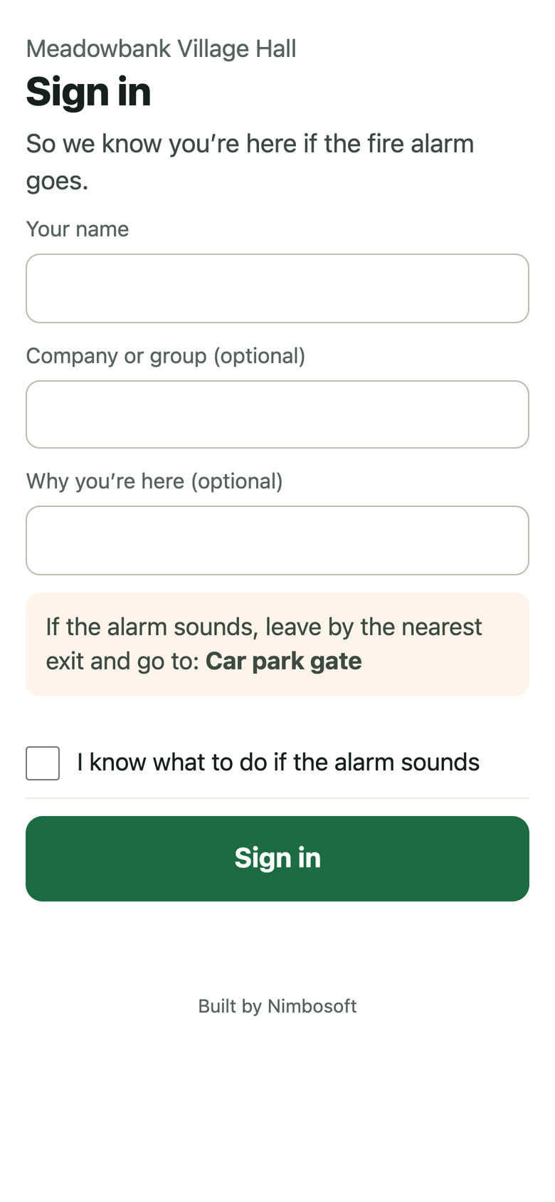 The visitor sign-in page